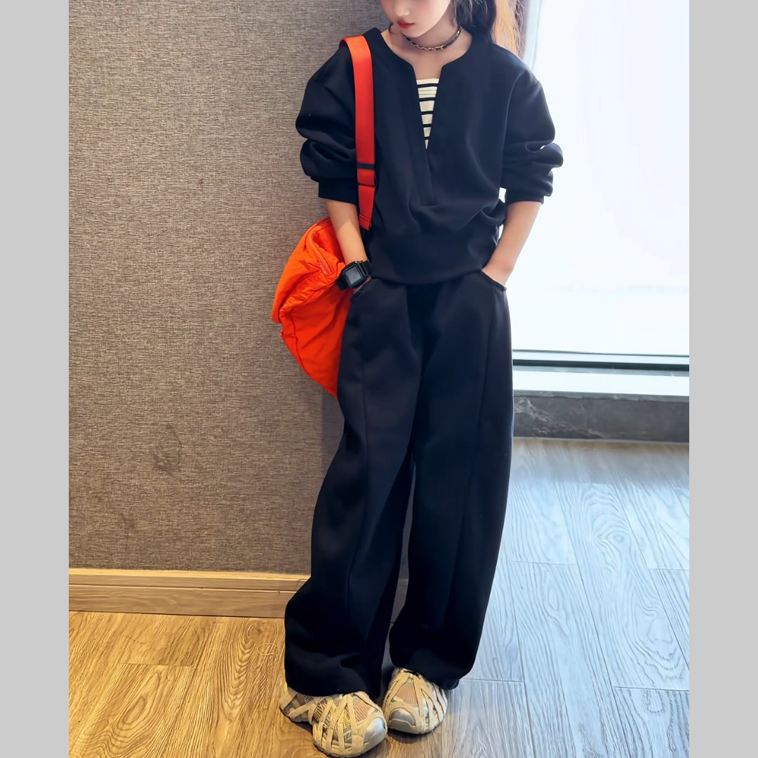 女童2026新款春秋季韩版复古拼接假两件卫衣阔腿裤穿搭套装新品潮