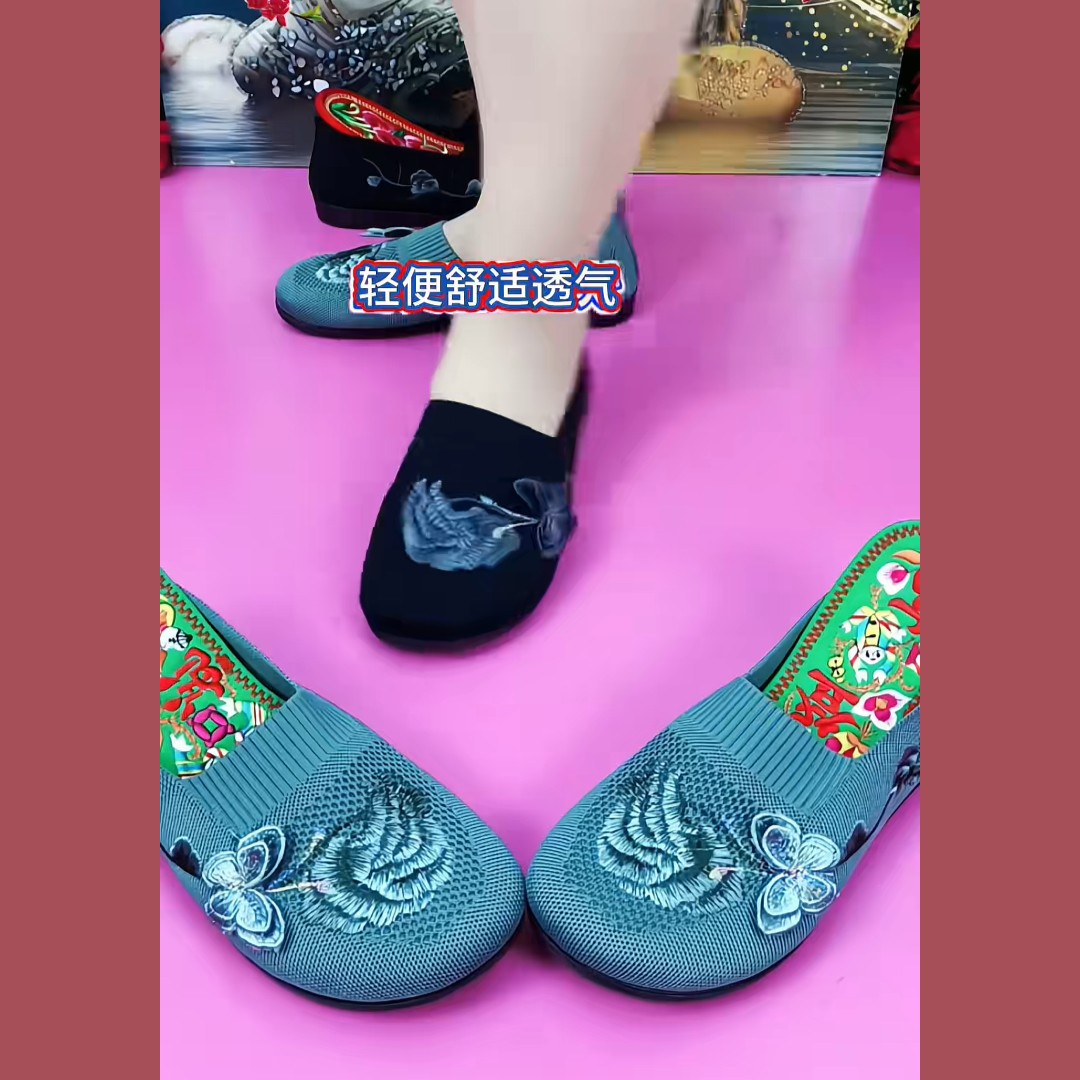 新款防滑网面鞋透气舒适耐磨新中式妈妈鞋软底软面懒人鞋立体刺绣