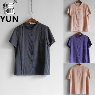 YUN韫2026夏季新品女装前打褶单排扣苎麻小圆领短袖女衬衫 6259