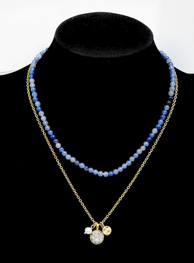 中古时尚蓝色天然石圆牌珍珠项链