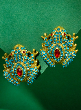 中古Vintage欧美风蓝色满钻红眼蟾蜍青蛙925银针耳钉夸张个性耳饰