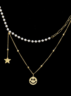 钛钢笑脸星星流苏坠珍珠双层项链