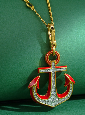 珐琅釉镶钻红色船锚吊坠项链挂饰