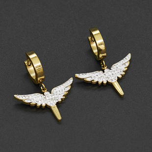 小众设计欧美时尚气质白色镶钻天使之翼翅膀钛钢耳环圆形耳扣耳圈