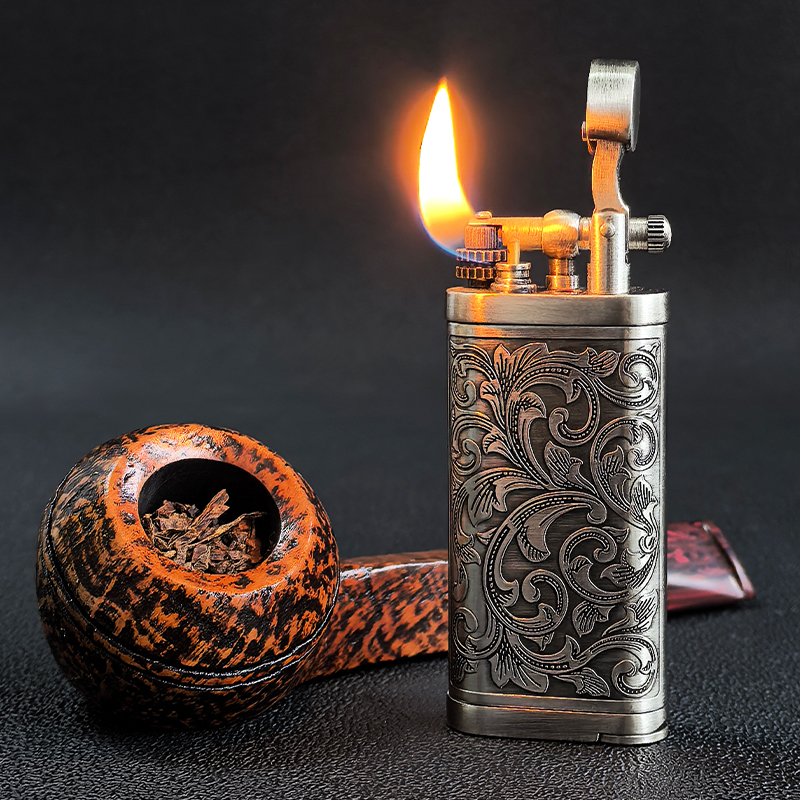 烟斗专用斜火打火机抽斗火机侧出火防风耐用点火器复古雕花可充气