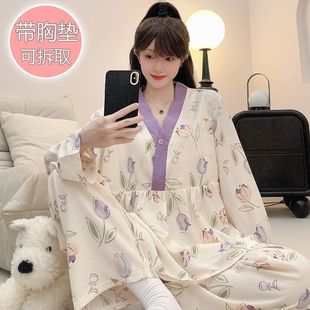 可外穿 胖MM睡衣女带胸垫春秋季 甜美长袖 加肥大码 220斤家居服套装