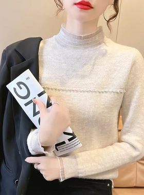 上衣2024秋季打底衫女钉珠半高领修身内搭洋气蕾丝针织衫新款毛衣