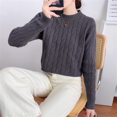 套头毛衣女2023秋冬新款麻花小个子慵懒风针织衫内搭打底圆领上衣