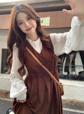 灯芯绒两件套秋装甜美森系中长款收腰A字裙V领背带连衣裙女套装裙