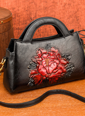 手提包牡丹压花质感复古单肩包小众设计休闲百搭通勤大容量包包