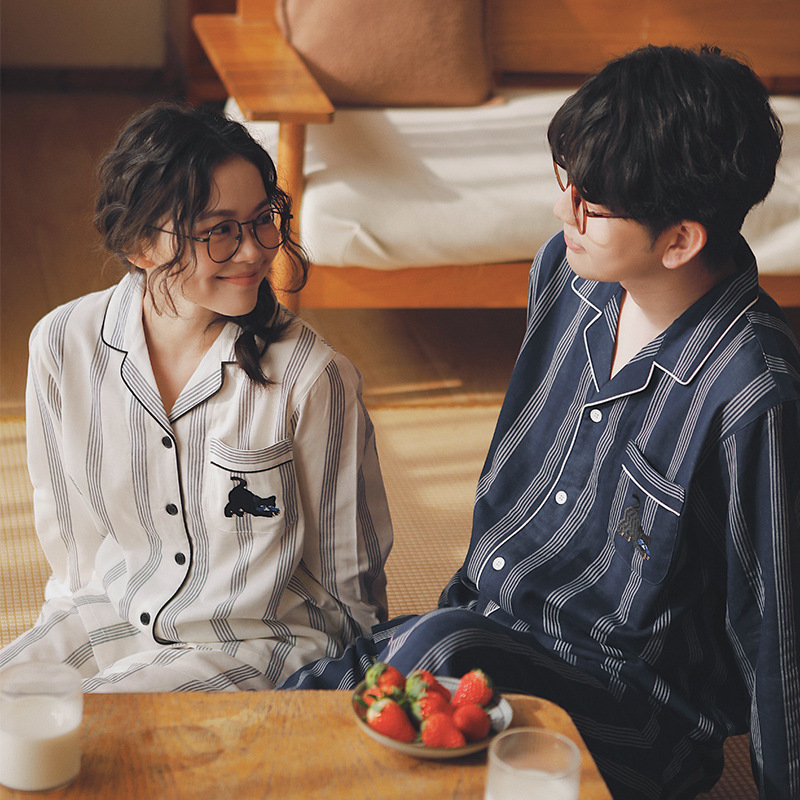 不负韶华69-情侣睡衣女春秋款纯棉纱布条纹刺绣家居服全棉套装男