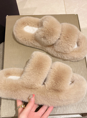 秋冬季毛毛拖鞋女2023新款双杠毛毛鞋女家居保暖毛拖软底棉拖鞋女