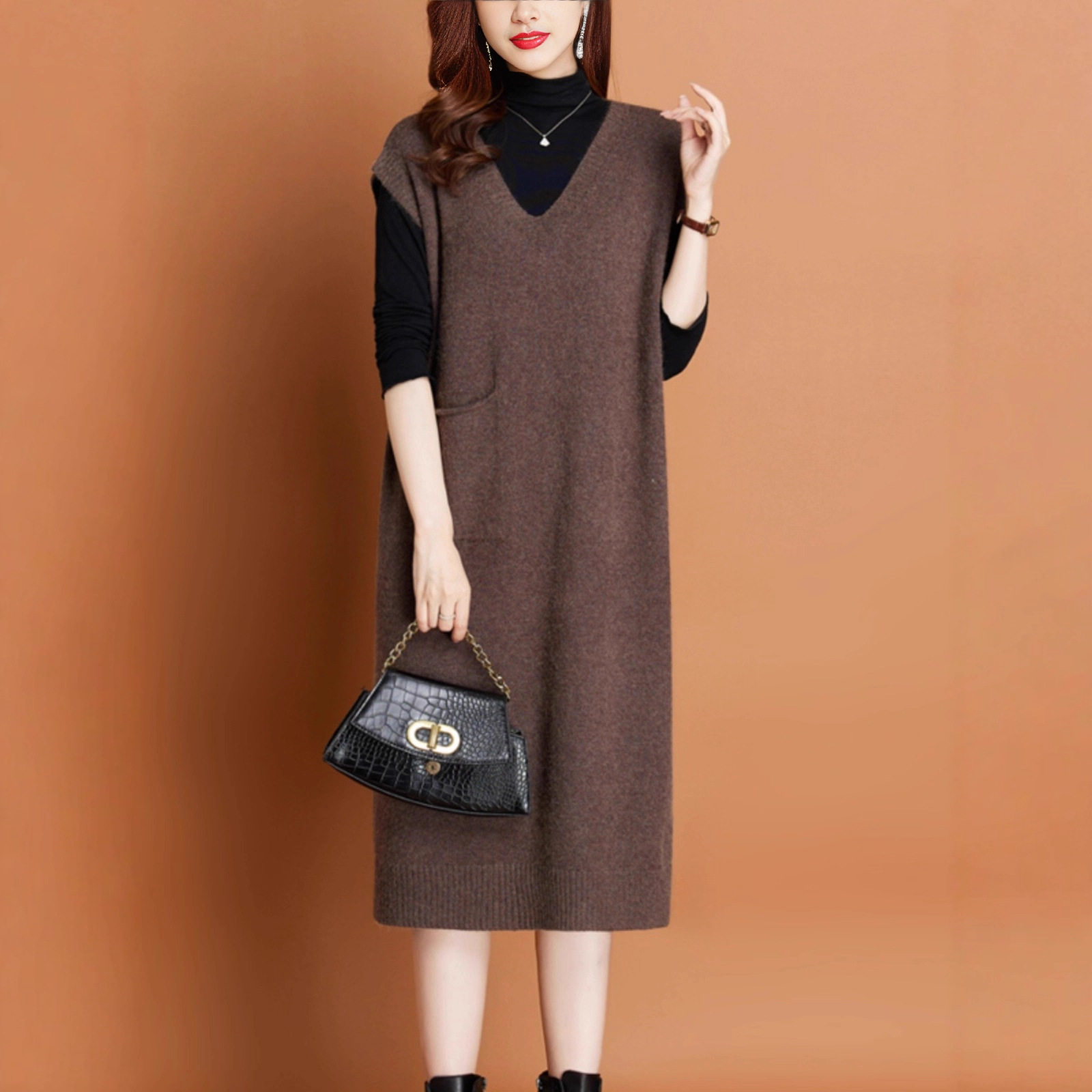 外贸中长款无袖背心裙秋冬新款马甲背心女叠穿宽松显瘦针织连衣裙