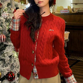 新款 小众百搭加厚保暖上衣学院风格 子拼接长袖 冬季 麻花针织开衫 女