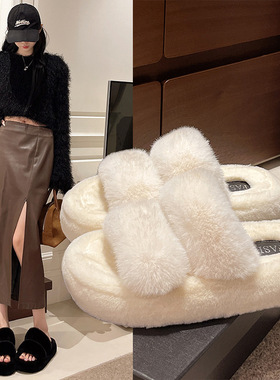 纯色毛拖鞋女士秋冬新款韩版软底平底一字毛毛鞋保暖舒适家居毛拖