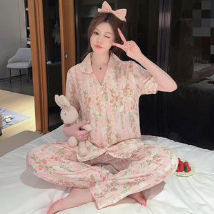 可爱卡通薄款 短袖 长裤 家居服套装 新款 跨境睡衣女春夏季 云朵棉开衫
