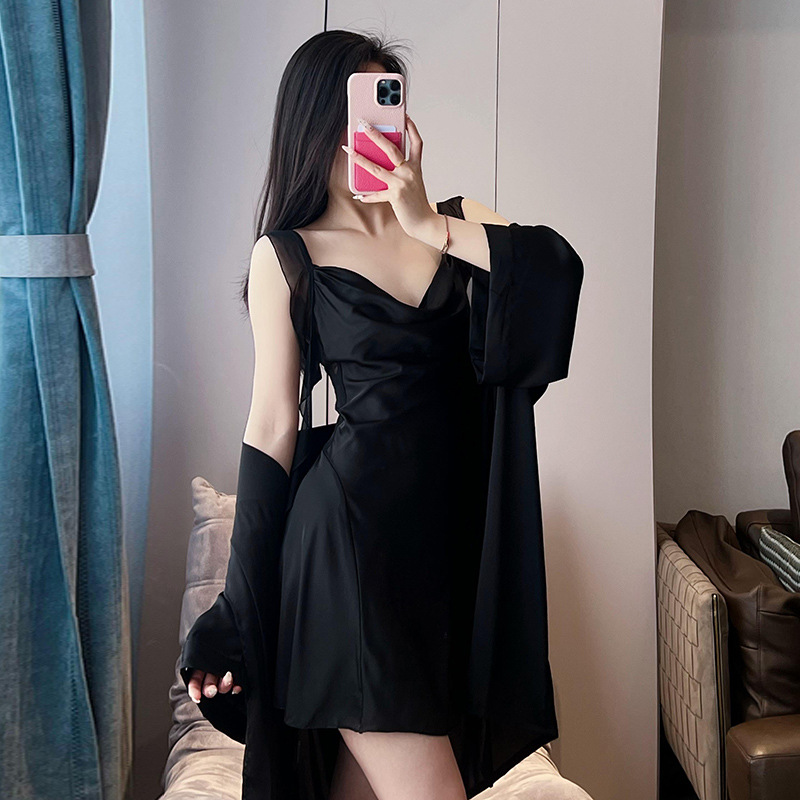 睡衣女春夏冰丝长袖睡袍性感蕾丝无袖露背套头睡裙丝绸薄款两件套