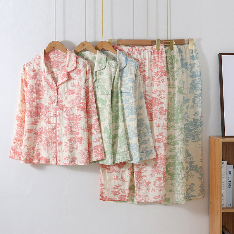 春夏秋新款纯棉双层纱女长袖长裤睡衣国风气质高级感家居服两件套