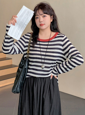 大码女装圆领显瘦条纹长袖上衣2025春胖mm外穿打底针织衫女22381