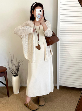 大码女装镂空外套女内搭背心裙套装2025秋款胖mm针织两件套23286