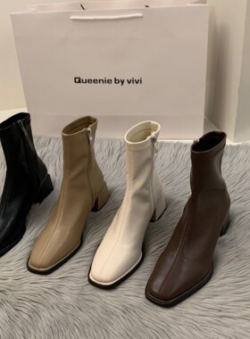 白色高跟方头瘦瘦法式小短靴女鞋2025新款春秋季单靴棕色马丁靴子