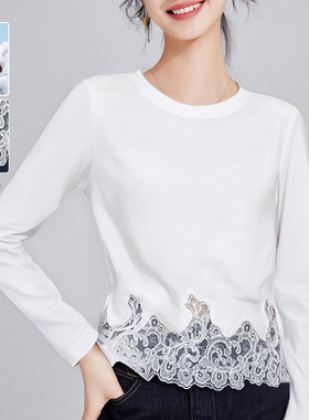 新疆棉蕾丝下摆拼接白色T恤女长袖2025秋季新款百搭圆领显瘦上衣