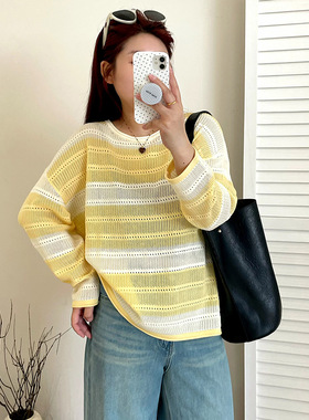大码女装圆领镂空上衣女撞色条纹衫2025秋款胖mm宽松针织衫23280