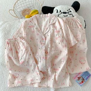 休闲卡通学生家居服 云朵棉睡衣女夏季 可爱粉色猫薄款 短袖 三件套装