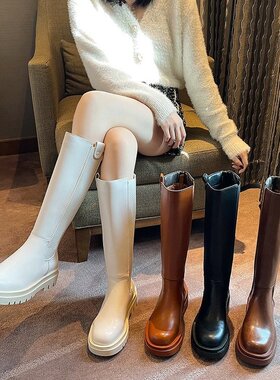 白色骑士靴女2024秋冬新款显瘦厚底不过膝长靴英伦风小个子高筒靴