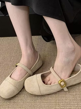 温柔仙女绒面玛丽珍鞋平底豆豆鞋女2025春秋新款法式复古红色单鞋