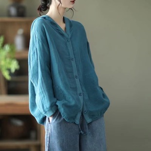 防曬衫 襯衫 文藝棉麻連帽外套女寬松休閑薄款 長袖 女2022夏新款 上衣