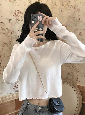 棉质白色t恤女长袖2022新款春秋内搭打底小衫短款露脐高腰上衣代