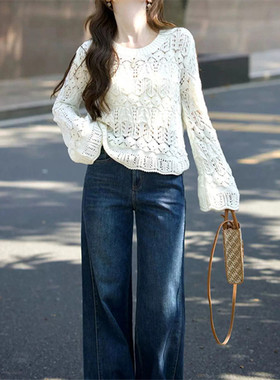 早春季韩版休闲慵懒风宽松薄款上衣法式镂空白色套头针织衫毛衣女