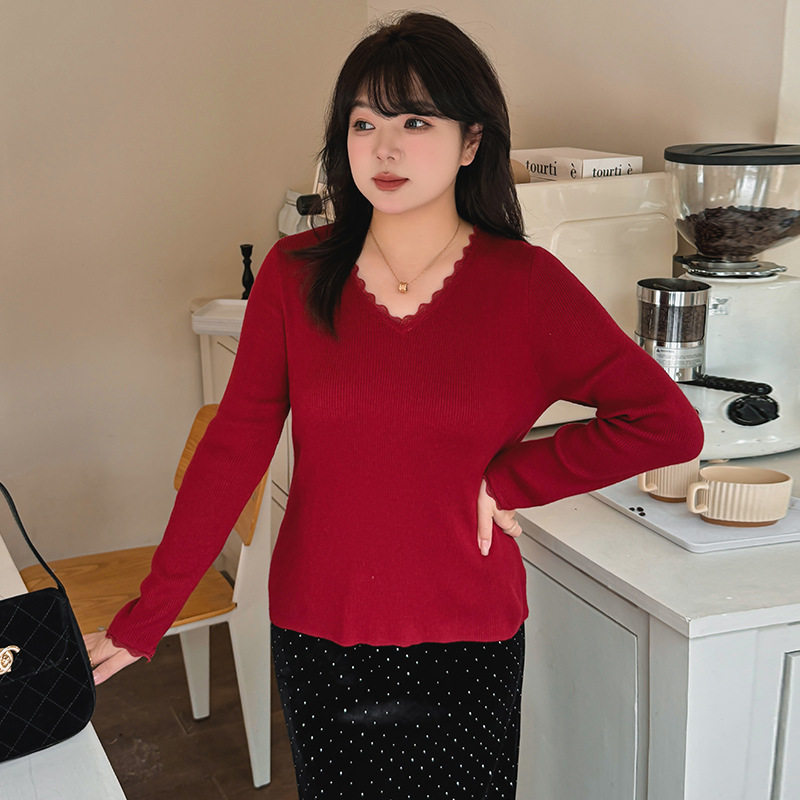 大码女装蕾丝花边v领上衣女打底衫毛衣2025冬胖mm内搭针织衫22818,女装/女士精品,毛针织衫,淘宝优惠券,粉丝福利购,淘宝优惠卷