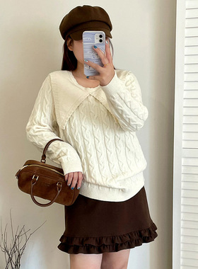 大码女装娃娃领重工钉珠毛衣女纹理感毛衣2025冬胖mm针织衫23308