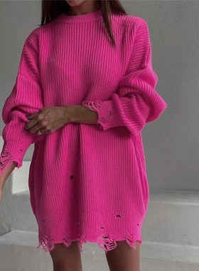 欧美跨境亚马逊秋冬新款纯色圆领长袖下摆破洞宽松针织套头衫毛衣