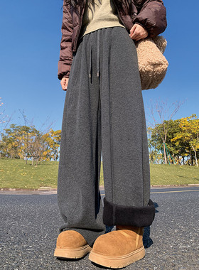 深灰色糯米绒弯刀裤女秋冬季新款高腰宽松显瘦加绒阔腿运动卫裤