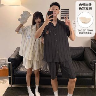 带胸垫夏季 可爱卡通短袖 情侣睡衣女款 韩版 男士 宽松休闲家居服套装