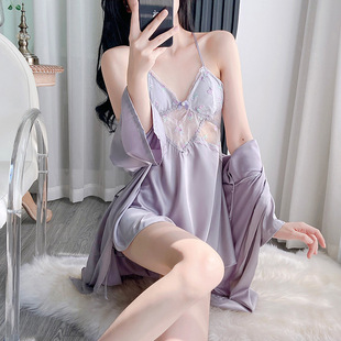 冰丝2025新款 性感睡衣女夏季 轻奢高级感纯欲风吊带睡裙睡袍带胸垫