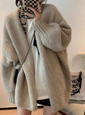 韩版灯笼袖纯色毛衣落肩款开衫2025新款宽松慵懒风针织开衫女秋冬