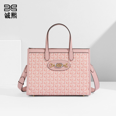 复古大容量新款单肩斜挎包气质女士手提包通勤软皮狗牙印花托特包