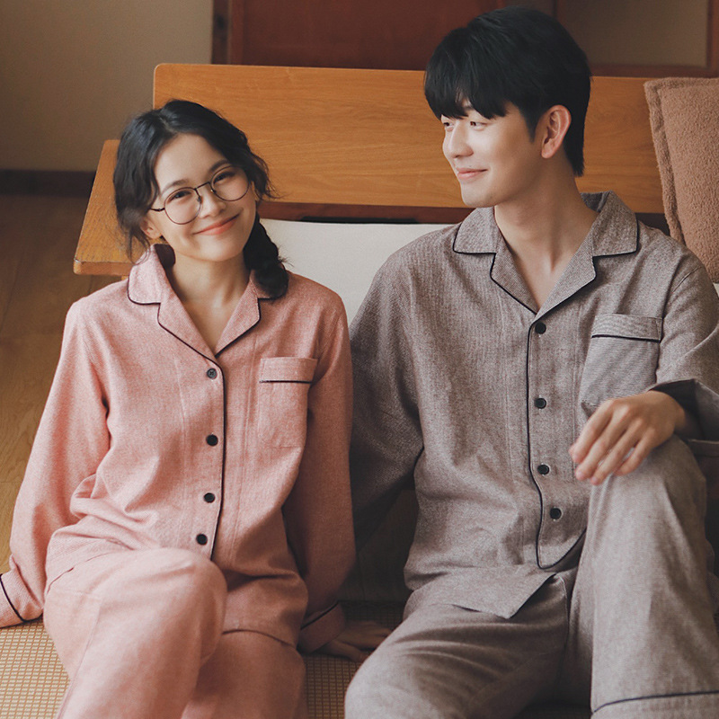 安好75-日系情侣睡衣春秋冬季纯棉磨毛绒布长袖套装全棉家居服男