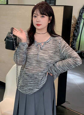 大码女装圆领长袖上衣镂空罩衫2025秋款胖mm宽松外搭针织衫22672