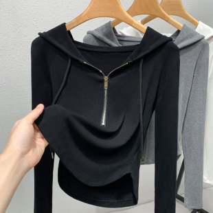 黑色半拉链连帽卫衣女2025年春季新款内搭带帽打底衫休闲收腰上衣