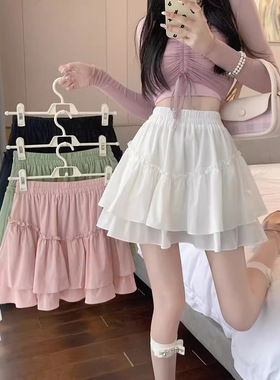 白色公主蓬蓬蛋糕裙半身裙女秋季小个子松紧高腰显瘦A字百褶短裙