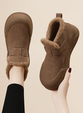 头层牛皮新款时尚短筒雪地靴女加绒短靴子冬季防滑一脚蹬保暖棉鞋