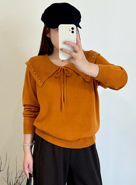 大码女装镂空钉珠翻领上衣女休闲毛衣2025冬胖mm宽松针织衫23717