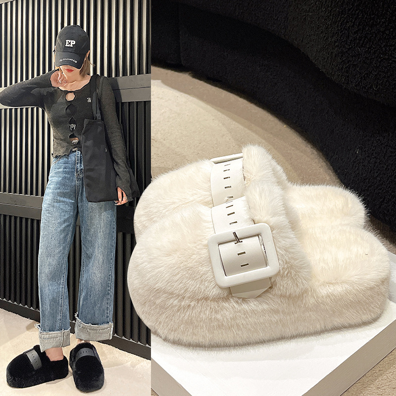 新款7公分厚底包头毛毛拖鞋女松糕厚底加毛拖鞋保暖一字家居棉拖