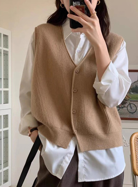 针织开衫马夹背心女装秋季2025新款坎肩复古v领外搭叠穿韩系马甲