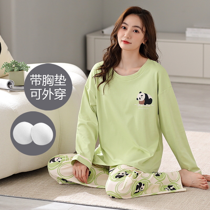 带胸垫睡衣女士秋冬季纯棉长袖新款可爱卡通全棉家居服套装可外穿